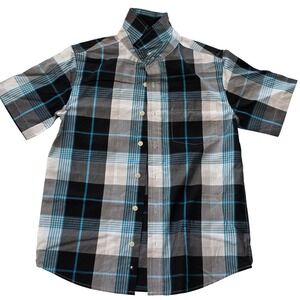 Urban Pipeline Boys Large Black Blue Plaid Short Sleeve Button Down Shirt